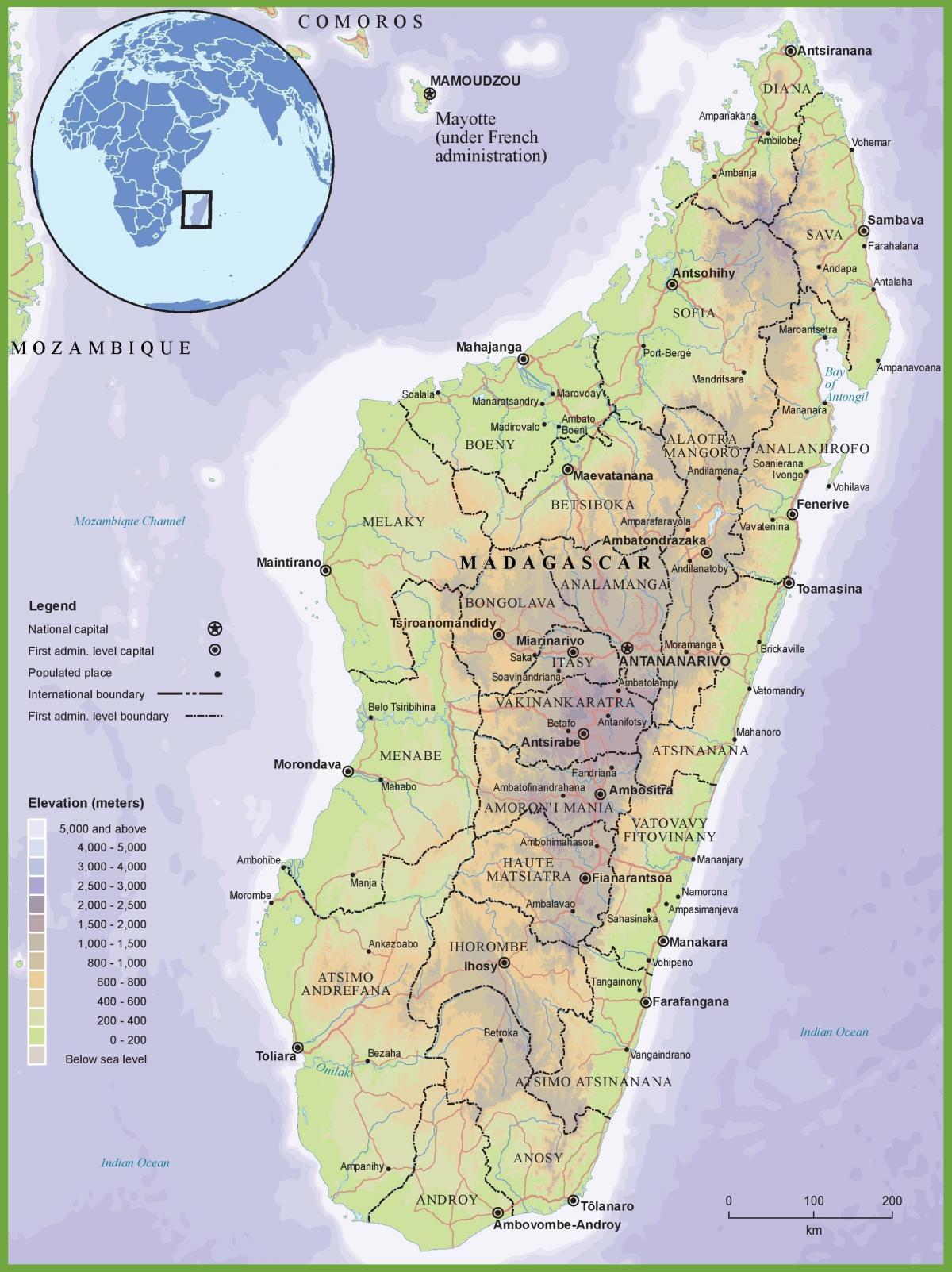 kaart füüsiline kaart Madagaskar
